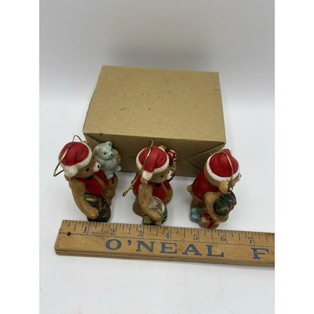 Vintage Christmas Bears In Santa Hats Set Of 3 Ceramic Ornaments